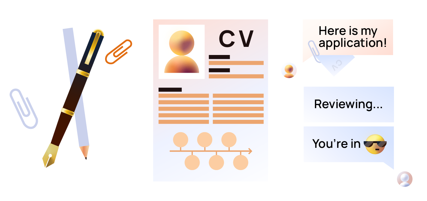 CV, pen, pencil, and paper clips